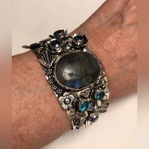 Labradorite Blue Topaz Stamped 925 Sterling Silver Cuff Bracelet